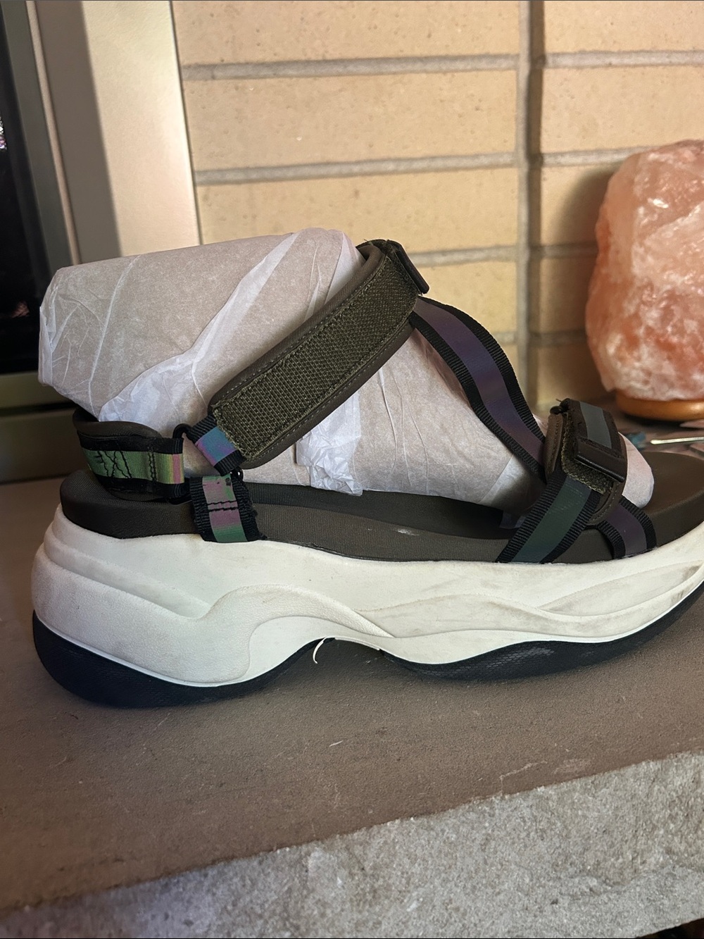 Zara Olive Green and Black Platform Strap Sandals